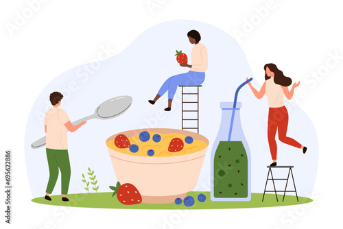Healthy cereal breakfast bowl with fresh fruit. Tiny people holding spoon to eat oatmeal porridge with strawberry and blueberry, drink green smoothie from bottle with straw cartoon vector illustration