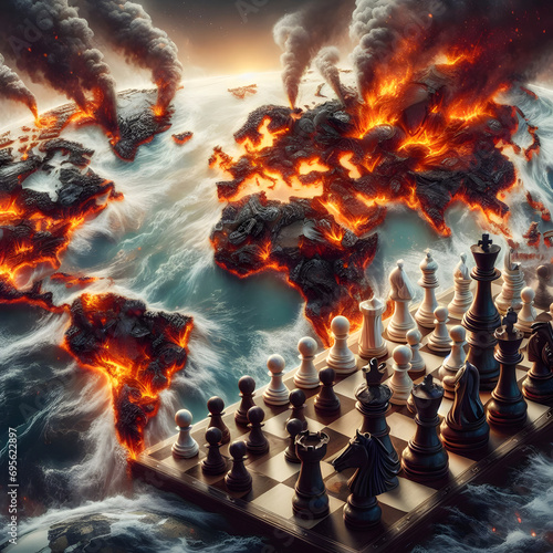 Chess figures on world map on fire. Concept of geopolitics.