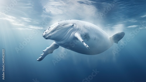 Majestic whale glides through deep blue waters. Suitable for educational content, ocean-themed artwork or documentaries.