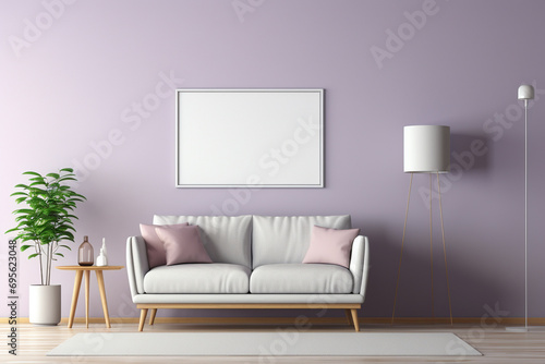 Scandinavian-style living room with a light lavender wall, an empty mockup frame, and minimalist, functional furniture 8k,