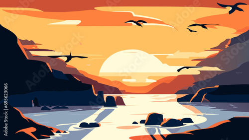 A group of seagulls soaring by the beach. vektor icon illustation