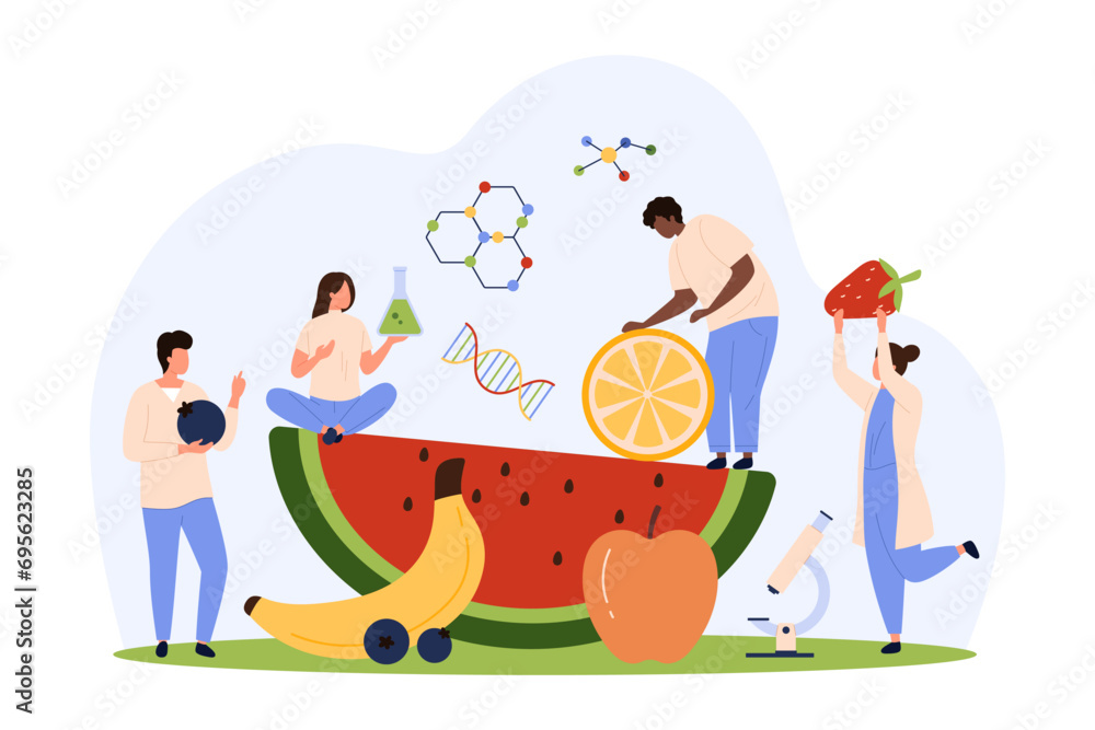 Fototapeta premium Laboratory tests of fruit quality and safety control. Tiny people research agriculture food products with microscope, check nutrition standards on quality lab inspection cartoon vector illustration