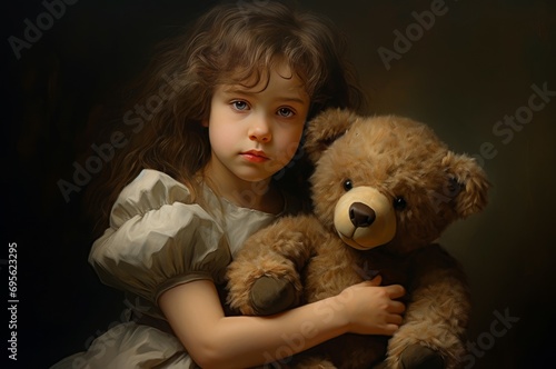Cherished Little girl hugging her bear toy. Childhood at morning family comfort. Generate Ai