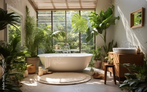 Oasis  in a modern bathroom with freestanding tub with potted plants and a skylight