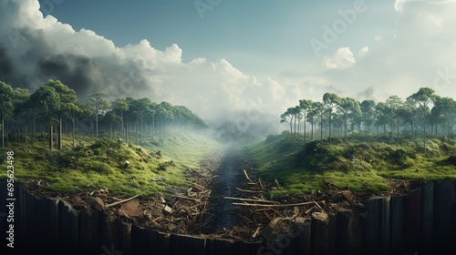 Deforestation concept with cut off tropical forest © Boraryn