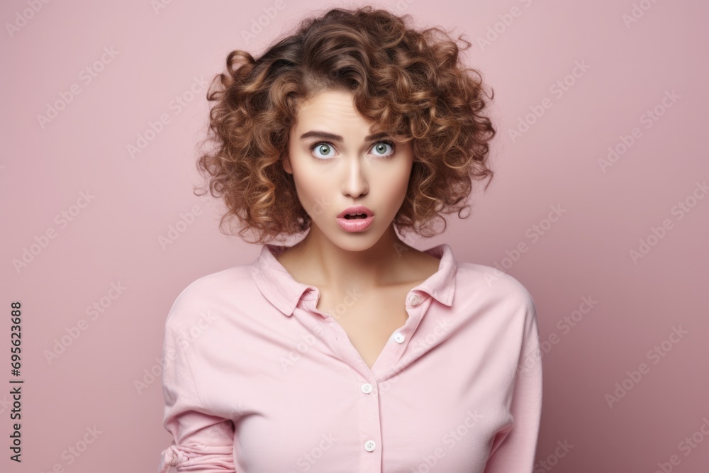 Beautiful Worried Girl Biting Lip in Casual Attire. Close-up Portrait of Attractive Emotionally Terrified Wavy-haired Woman Isolated on Pink Background