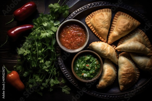 Chilean Condiment: Pebre Sauce with Empanadas on Dark Wood Table. Traditional Salsa Made with Tomatoes, Onion, Aji Pepper & Coriander photo