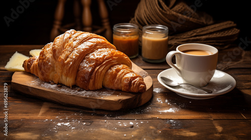 Freshly Baked Croissant on Rustic Table, Morning Pastry