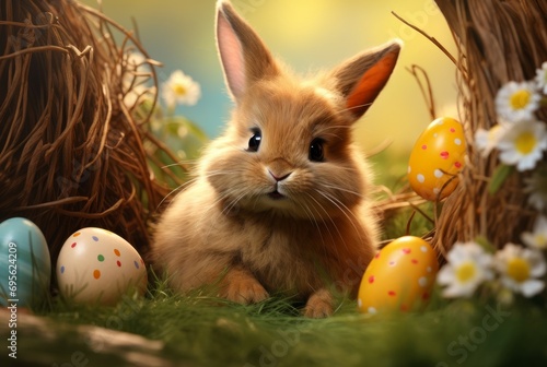 Adorable Little Easter rabbit on eggs hunting. Cute white bunny holding colorful painted egg. Generate ai