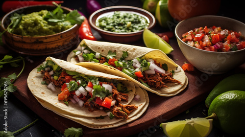 Mexican Tacos, Authentic Street Food, Beef and Vegetables with Salsa and Guacamole, Dark Wood Background