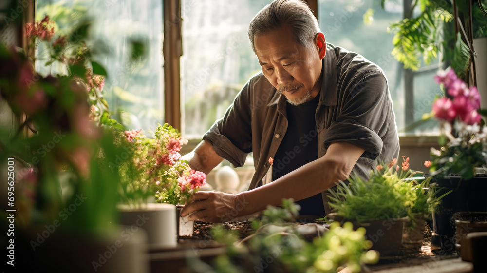 An Asian male gardener is busy with flowers in the greenhouse with a smile. Business concept. An Asian male gardener is busy with flowers in the greenhouse with a smile. Business concept.