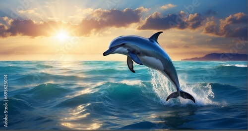 A magnificent seascape with deep blue waters, where a colossal dolphin leaps gracefully above the surface, showcasing its incredible size, and a graceful mermaid glides -Generative Ai © Online Jack Oliver