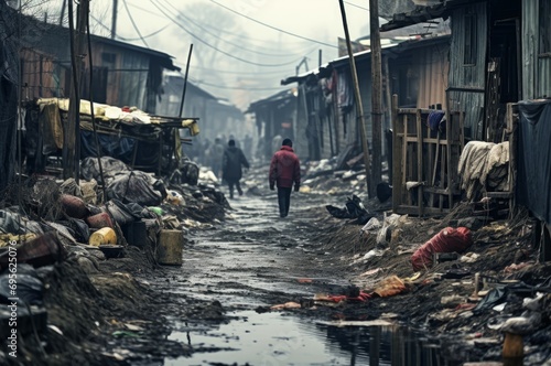 Malnourished people living in poverty background. Desolate street. Generate ai