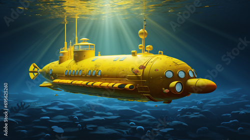 A yellow submarine floating in the ocean with a light © inshal