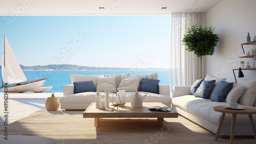 Oceanfront living room with an empty wall, panoramic sea views, and a nautical theme. © Creative artist1