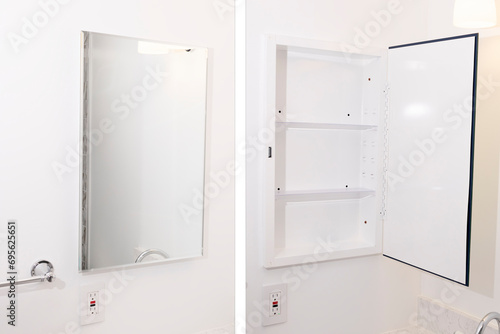 Empty Bathroom Medicine Cabinet With Mirror Open And Closed, White Walls. Pills And Drug Medicament Container Mockup. Open Mirror Door Stand. Horizontal Plane, Template.