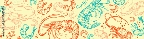 Hand drawn isolated seamless vector pattern of shrimps. Shrimps and langoustines on a yellow background. Prawns. Seafood, food vintage illustration.