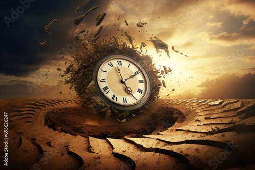 Passing of time concept, with clock in tornado shape