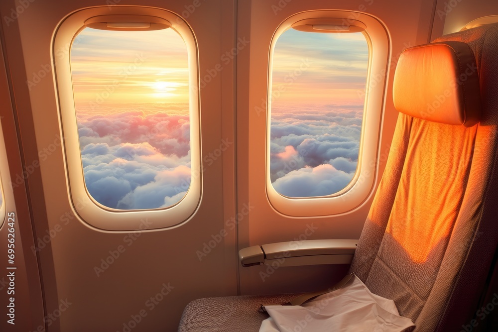 View from airplane window seat overlooking sunset horizon and clouds View from airplane window seat overlooking sunset horizon and clouds