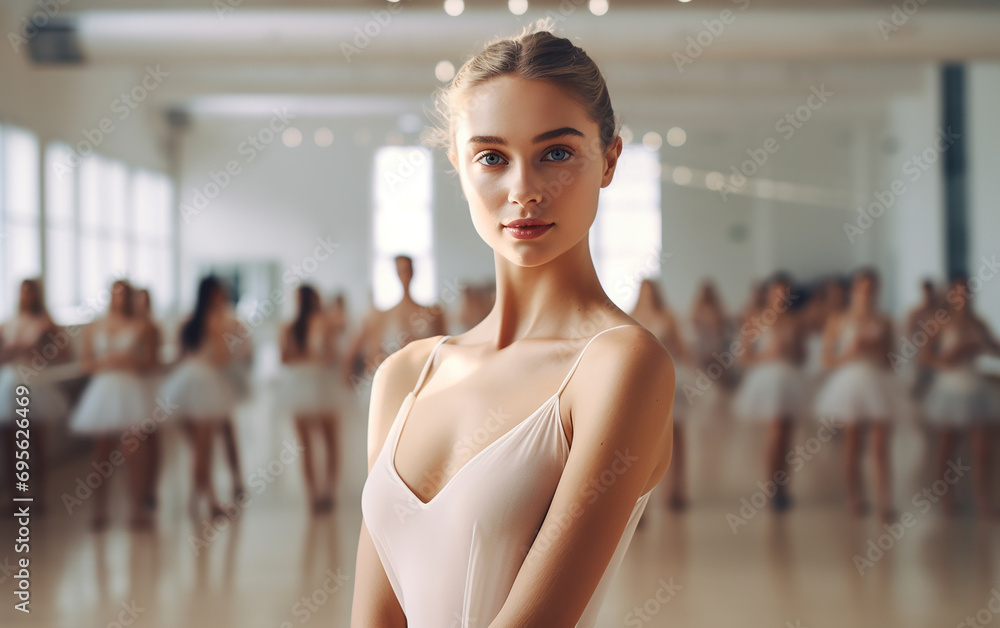 Young woman ballerina in dance studio - ballet and dancer concept - obrazy, fototapety, plakaty 