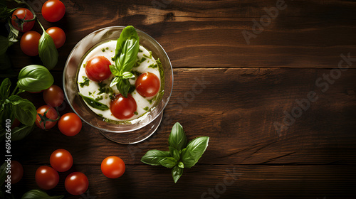 Contemporary caprese cocktail with mozzarella balls, cherry tomatoes, and fresh basil in an elegant martini glass. Banner, copy space
