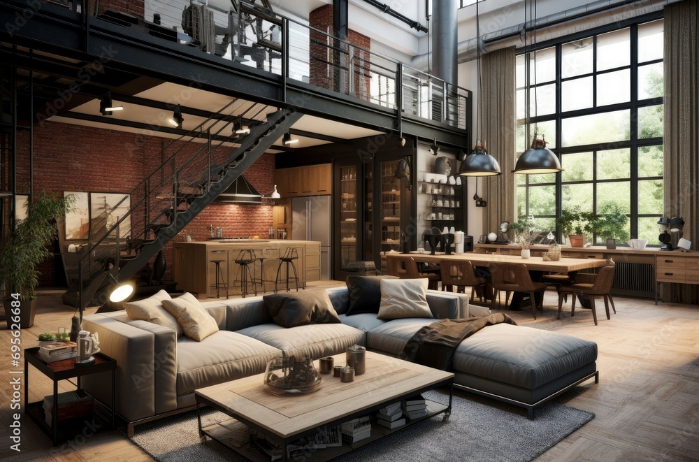 Loft style house sofa. Modern living room. Generate Ai