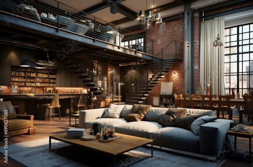 Rustic Loft style house sofa. Modern living room. Generate Ai © juliars