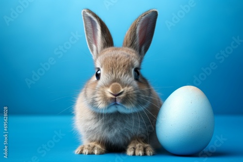 Easter bunny with eggs on a blue studio background with selective focus and copy space