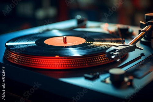 Retro Vinyl record player. Vintage nostalgia concept. Background with selective focus and copy space photo