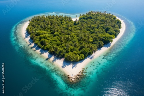 Southern resort island in the shape of a heart. Background with selective focus and copy space