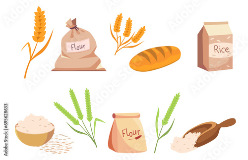 Set of beautiful flour and rice products in cartoon style. Vector illustration of a bag of flour
