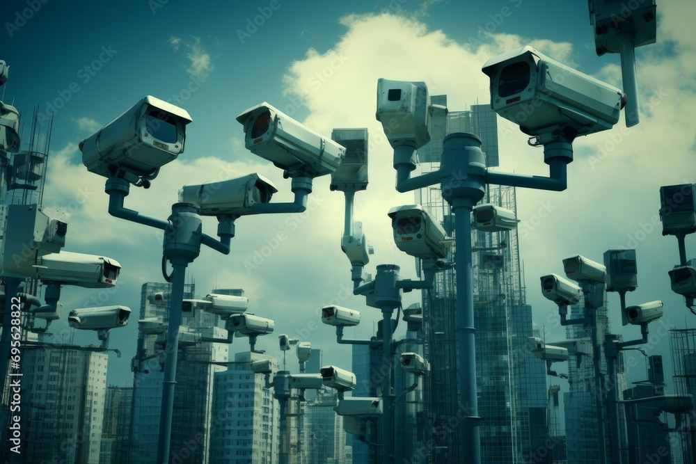 Lots cctv security cameras. Electronic safety system. Generate Ai Lots cctv security cameras. Electronic safety system. Generate Ai