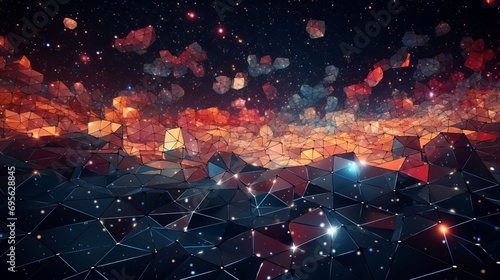 Conceptual abstraction of connectivity and unity depicted through a mosaic of interlocking geometric shapes against a cosmic.