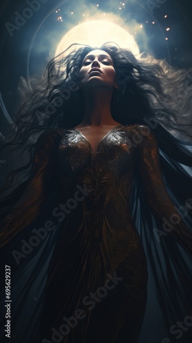 stunning otherworldly goddess of beauty rising from the void, dark and mysterious