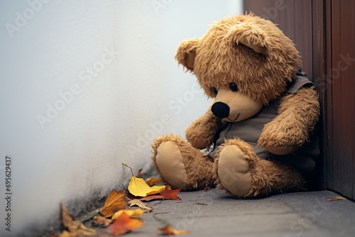 Sorrowful scene Teddy bear sits against house wall, childs loneliness photo