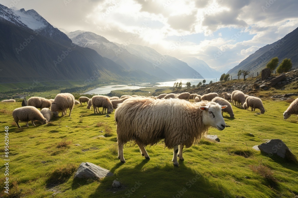 Obraz premium Grazing sheep create a serene scene on the green mountain