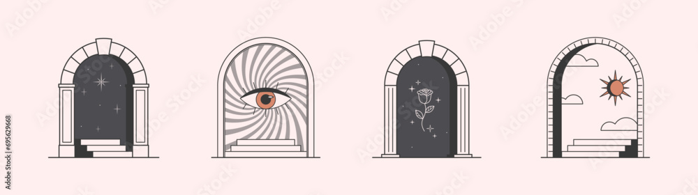 Vector mystic logo design templates with portals,steps,eye,magic flower,stars,sun and moon.Surreal abstract illustrations in trendy minimal outline style.Magical emblems.Branding design templates. Vector mystic logo design templates with portals,steps,eye,magic flower,stars,sun and moon.Surreal abstract illustrations in trendy minimal outline style.Magical emblems.Branding design templates.