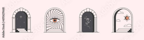 Vector mystic logo design templates with portals,steps,eye,magic flower,stars,sun and moon.Surreal abstract illustrations in trendy minimal outline style.Magical emblems.Branding design templates.