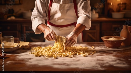 person making pasta by hand in an Italian kitchen. generative ai