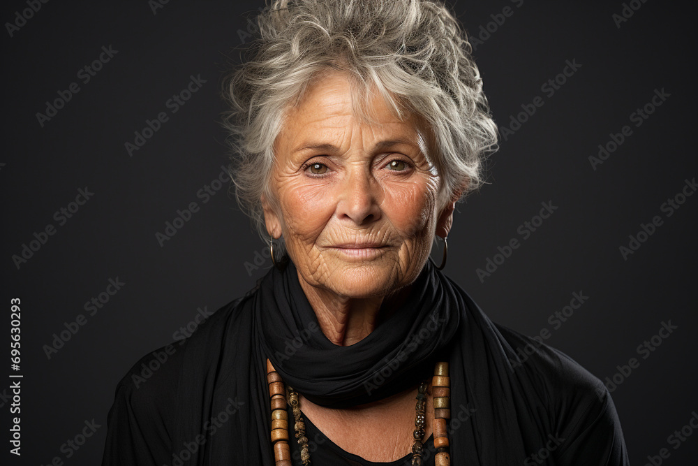 Beautiful old lady, incredible old age, seniorita grandmother granny elderly woman gray hair portret cute cheerful happy fun pretty smiling fashionable. - obrazy, fototapety, plakaty 