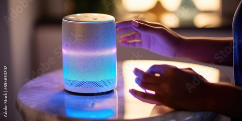 Smart speaker device in living room. Smart home. Colorful ambient lighting photo