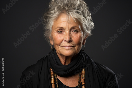 Beautiful old lady, incredible old age, seniorita grandmother granny elderly woman gray hair portret cute cheerful happy fun pretty smiling fashionable. photo
