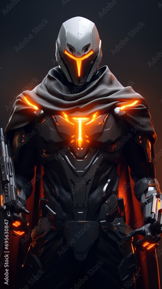full body man mask in black and orange glowing cape holding a big blaster-weapon full body man mask in black and orange glowing cape holding a big blaster-weapon