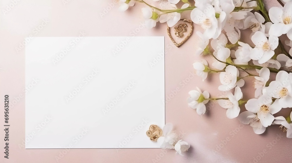 blank paper sheet for white wedding card mockup decorated with flowers and wedding rings in the corner, plain center position, mockup material or banner blank paper sheet for white wedding card mockup decorated with flowers and wedding rings in the corner, plain center position, mockup material or banner