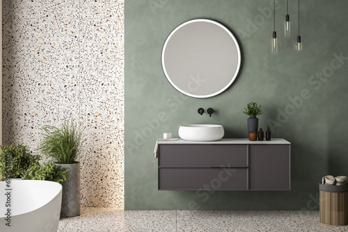 Modern minimalist bathroom interior,gray bathroom cabinet, white sink, wooden vanity, interior plants, bathroom accessories, white bathtub, green wall, terrazzo flooring