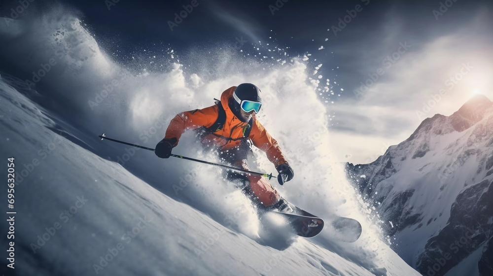 young man skiing on high snow mountain in winter, sliding down giving snow splash effect