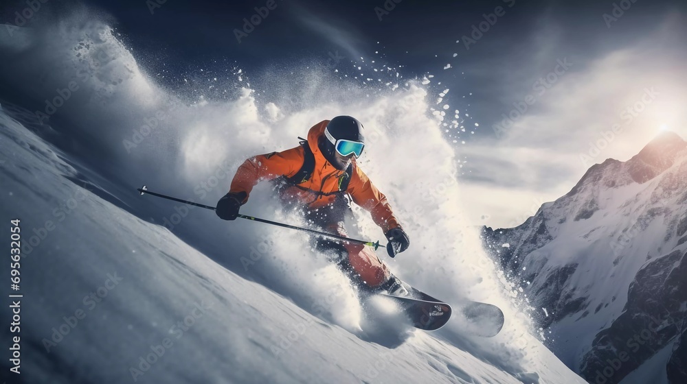 young man skiing on high snow mountain in winter, sliding down giving snow splash effect young man skiing on high snow mountain in winter, sliding down giving snow splash effect