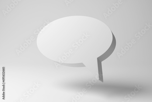 White oval speech bubble floating in mid air on white background in monochrome and minimalism. Illustration of the concept of discussion and dialogue