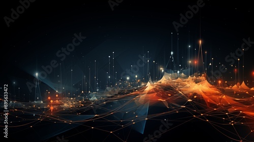 Intriguing illustration with abstract cyber pathways intertwined against a backdrop of data waves. The dynamic design visually represents the interconnected digital landscape in a futuristic. photo