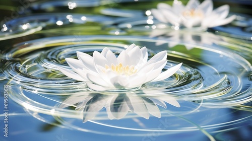 Crystal-clear ripples dance around a delicate lily pad, showcasing nature's grace as it floats effortlessly on the water's surface.